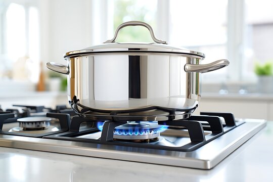 Close-up of a gas stove burner with bright blue and orange flames. Heating, cooking, and culinary preparation in a modern kitchen. Ideal for home, chef, and food imagery.