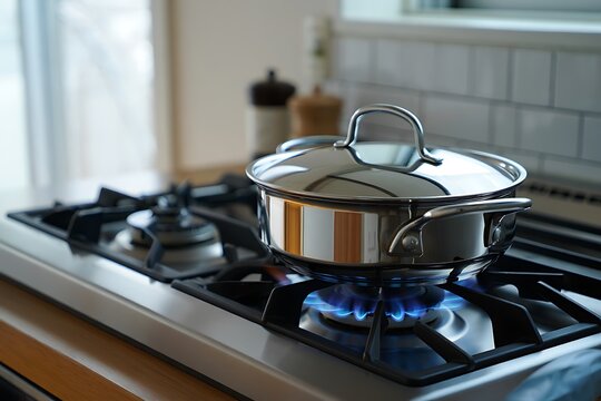 Close-up of a gas stove burner with bright blue and orange flames. Heating, cooking, and culinary preparation in a modern kitchen. Ideal for home, chef, and food imagery.