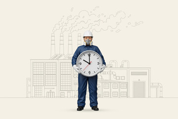 Worker holding a large clock in front of a factory drawing. This image tells a story of the importance of time management, deadlines
