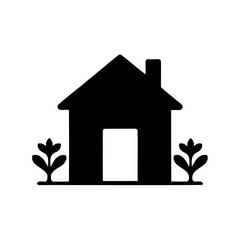 Simple Black and White Illustration of a House with Plants on Sides
