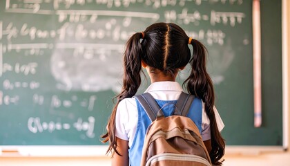 Girl in school uniform facing chalkboard