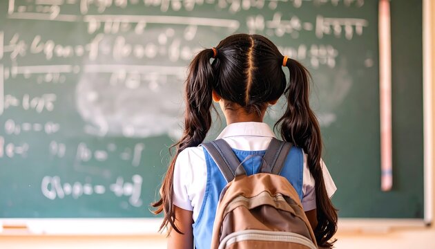 Girl in school uniform facing chalkboard