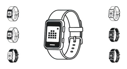 A collection of line art illustrations of smartwatches, showcasing different angles and details of the wearable technology isolated on transparent background