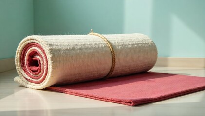 A rolled-up carpet ready for moving, tied securely with rope, sits on a clean, empty floor awaiting transport Perfect for relocation, home improvement, and moving services imagery , tied, domestic
