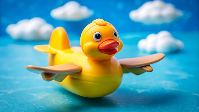 Tiny Yellow Rubber Duck Flying With Miniature Airplane Whimsical Fantasy  