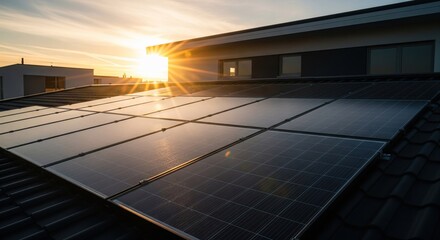 Solar panels on a rooftop at sunset.  Sunlight shines brightly on the panels, reflecting off their surfaces.  Modern, contemporary home with a dark gray roof