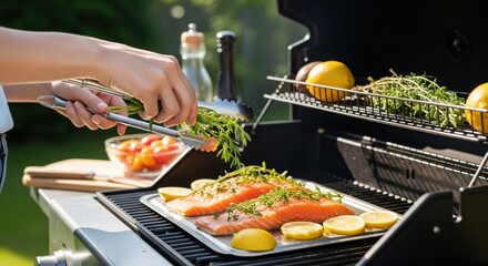 Woman grilling salmon outdoors