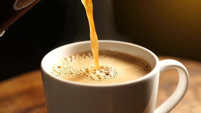 A stream of creamy coffee or tea being poured into a white ceramic mug, creating a frothy surface with bubbles.