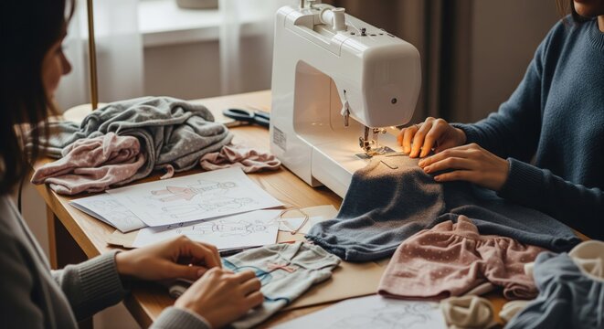 Two women collaborating on sewing projects