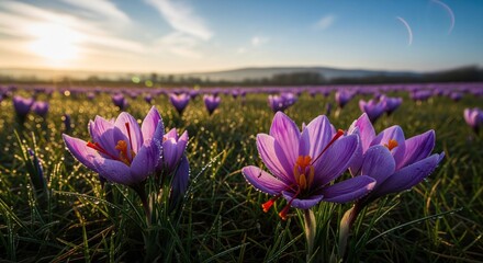A field of crocuses at sunrise.  Delicate purple crocus flowers, vibrant orange stamens, dew-kissed petals,  and a backdrop of  a misty sunrise