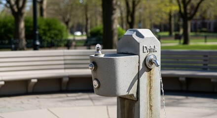 A gray metal drinking fountain in a park.  Springtime trees and benches surround it