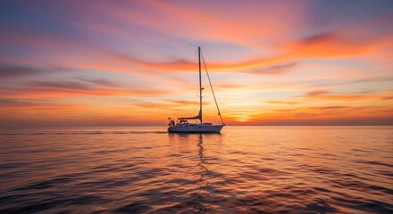 A sailboat glides across a tranquil ocean at sunset.  Golden hues paint the sky with vibrant colors