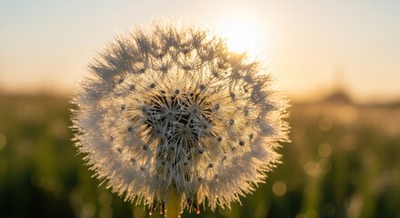 Close-up of a dandelion seed head at sunset.  Soft focus on the surrounding field