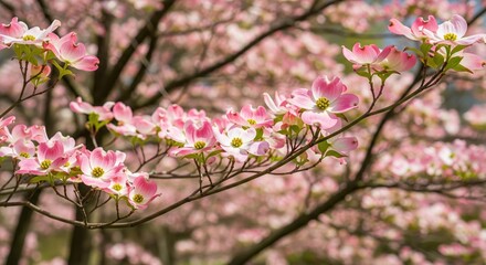 Close-up of a flowering dogwood tree, delicate pink blossoms