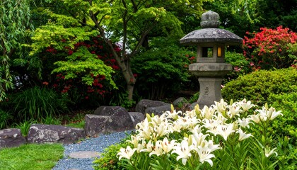 Peaceful Japanese garden with stone lantern and lilies