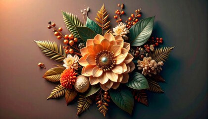 Fototapeta premium Floral arrangement of golden and emerald plants with a touch of nature