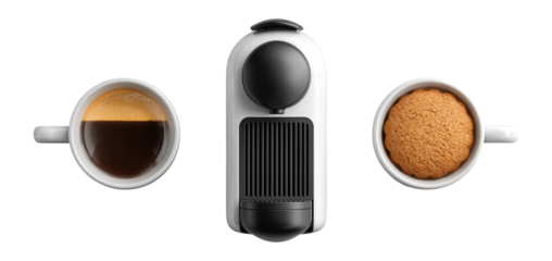 Modern Coffee Machine with Cups of Brewed Coffee and Cookies
