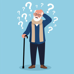 Illustration of a confused senior man with memory loss, symbolizing Alzheimer's, dementia, or a mental health problem.