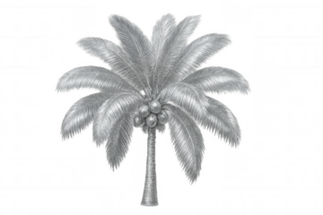 Silver coconut palm tree silhouette, transparent backdrop highlighting tropical botanical elegance