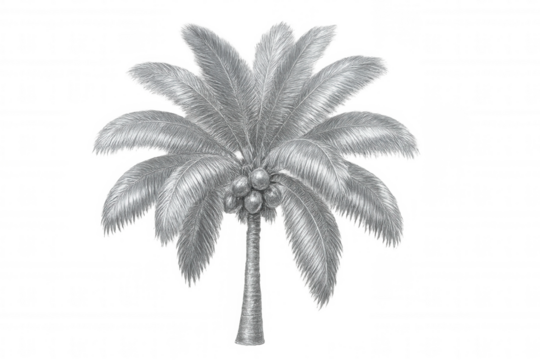 Silver coconut palm tree silhouette, transparent backdrop highlighting tropical botanical elegance