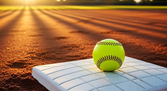 A yellow softball rests on a white base, with a dirt field and sun rays in the background.