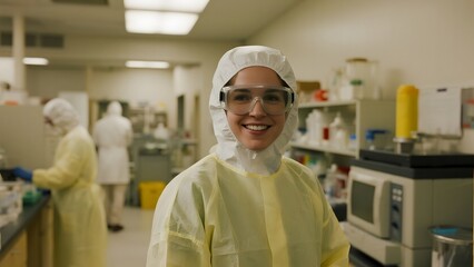 Scientist in protective gear smiles in a laboratory setting