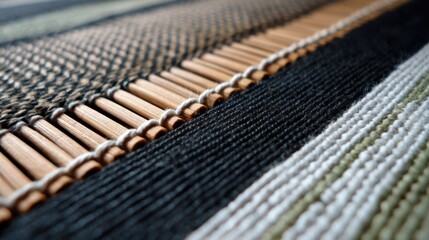 Close-Up of Intricate Woven Textile Showing Detailed Patterns in Black, White, and Earthy Tones for Art and Craft Projects