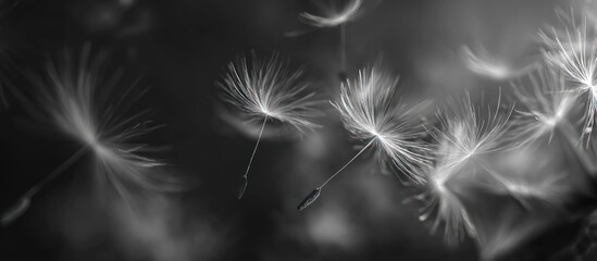 Naklejka premium Black and white close-up of dandelion seeds floating in soft focus