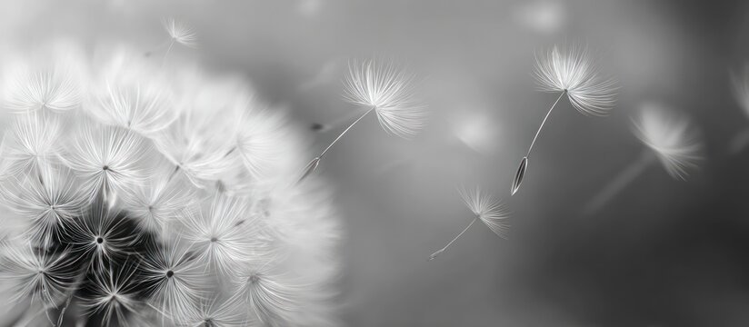Black and white close-up of a dandelion seed head with dispersing seeds