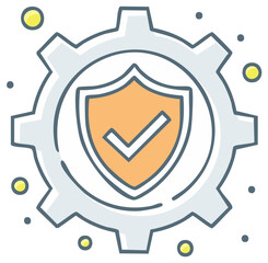 Industrial security shield with checkmark inside a gear icon concept