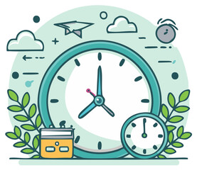 Modern cartoon illustration of time management planning and productivity with clocks and icons