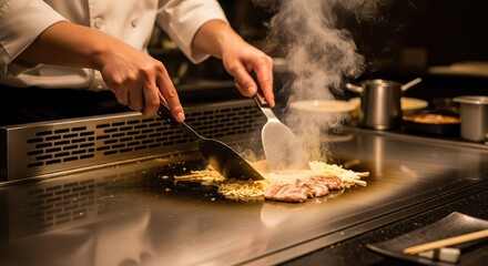 Chef skillfully prepares food on a teppanyaki grill