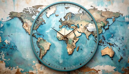 A world map clock on a textured background