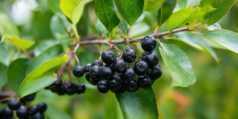 Black chokeberries, also known as aronia berries, hang on a branch with lush, green leaves.