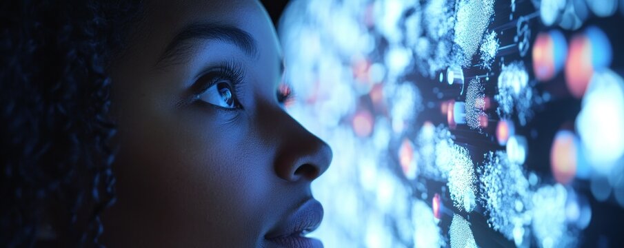 Woman studies data visualization screen. Future tech