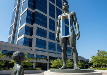 Naklejka premium Public art sculpture against modern city architecture