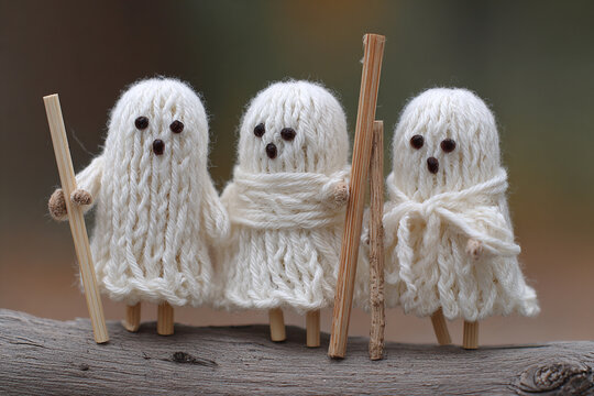 Cute Halloween ghost dolls made from yarn and wooden sticks.