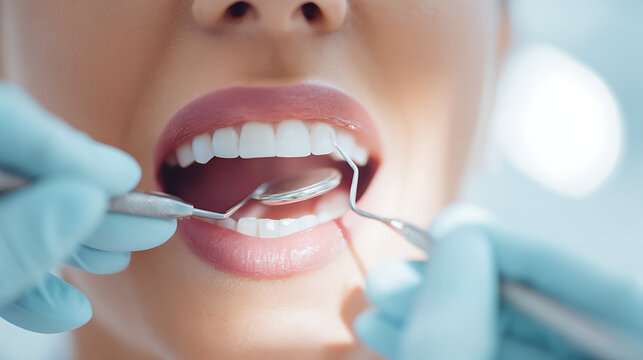A close-up shot of a patient's mouth during a dental check-up, showing a dentist's hands in gloves using professional tools. The focus is on the precision and hygiene of the process.
