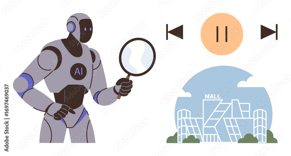 Poster humanoid robot labeled ai examining a mall structure through magnifier, control symbols indicate eva