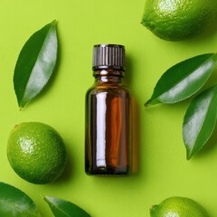 Green Background with Lime Fruits and Essential Oil Bottle for Natural Health and Wellness Concepts