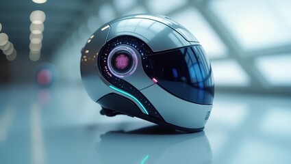 Sleek, futuristic helmet with glowing accents rests on a reflective surface, showcasing advanced technology in a modern setting.