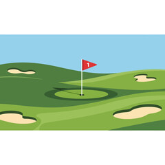 Golf Course Green Illustration with Flag and Bunkers. Ideal for depicting recreational sports, outdoor activities, or golf-related promotional materials.