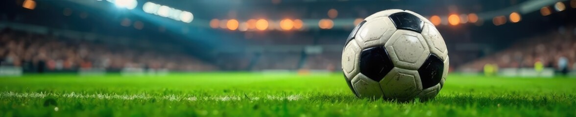 A close-up shot of a well-worn soccer ball resting on a vibrant green field, with blurred stadium lights in the background, evoking the excitement of a football match , retro, green grass