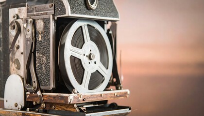 Close-up of a vintage  camera's intricate mechanism, showcasing the  reel and gears within its dark-hued casing.