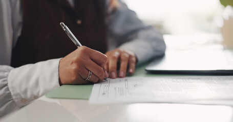 Contract, hands and writing with business woman at desk in office to sign draft or proposal. Compliance agreement, documents and legal paperwork with signature of employee for management approval