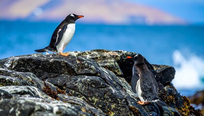 Two penguins on a rocky outcrop overlooking a vibrant blue ocean