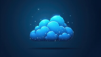 A vibrant blue cloud icon, rendered with glowing detail and scattered specks of light, floats against a deep navy backdrop.