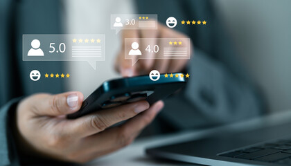 Businesswoman giving product ratings UI on smartphone screen, customer reviews, five star feedback and satisfaction score icons, mobile review system and online reputation management.