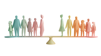 Colorful family figures balanced on a seesaw