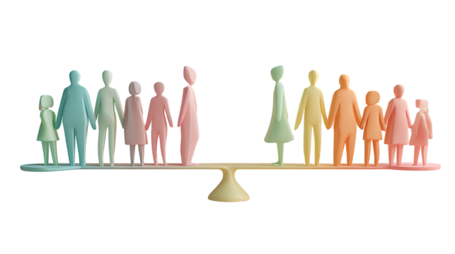 Colorful family figures balanced on a seesaw